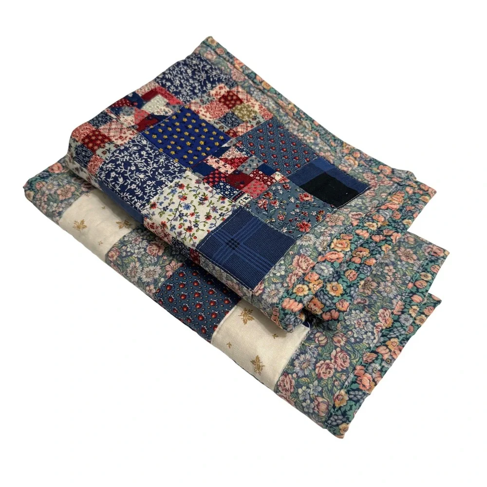 Handmade Vintage Patchwork Table Runner Placemat Set Blue Cotton Quilt